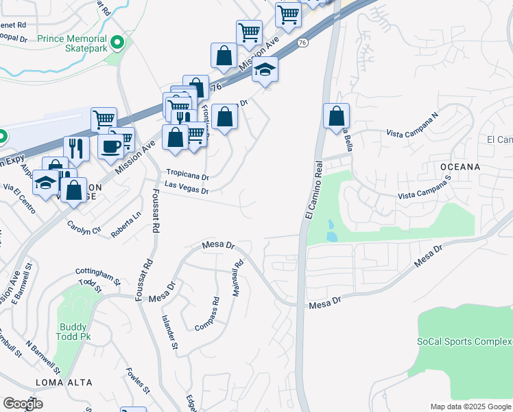 map of restaurants, bars, coffee shops, grocery stores, and more near 3409 Tonopah Street in Oceanside