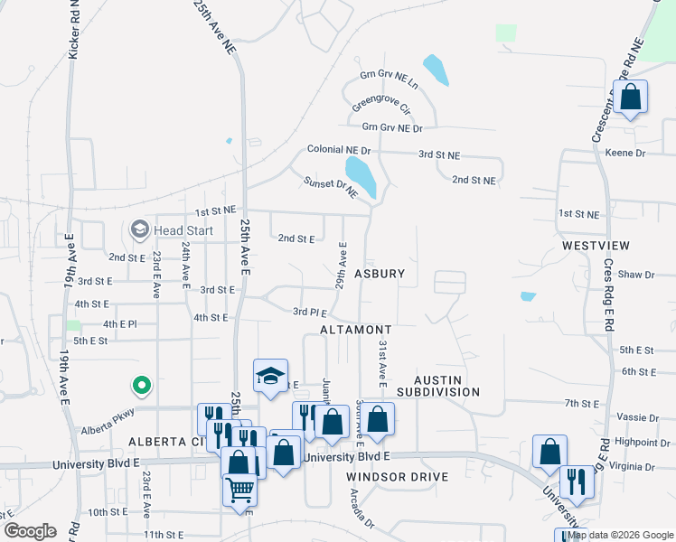 map of restaurants, bars, coffee shops, grocery stores, and more near 206-210 29th Ave E in Tuscaloosa