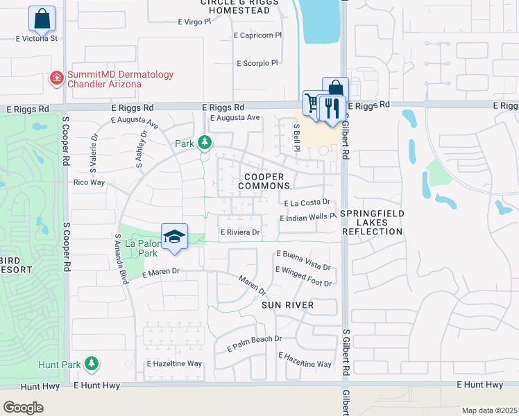 map of restaurants, bars, coffee shops, grocery stores, and more near 2714 East Indian Wells Place in Chandler