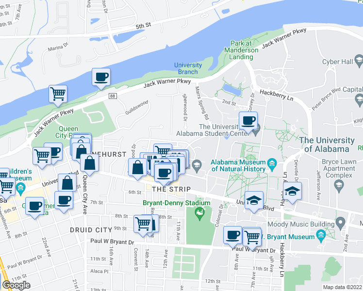 map of restaurants, bars, coffee shops, grocery stores, and more near 211 Thomas Street in Tuscaloosa