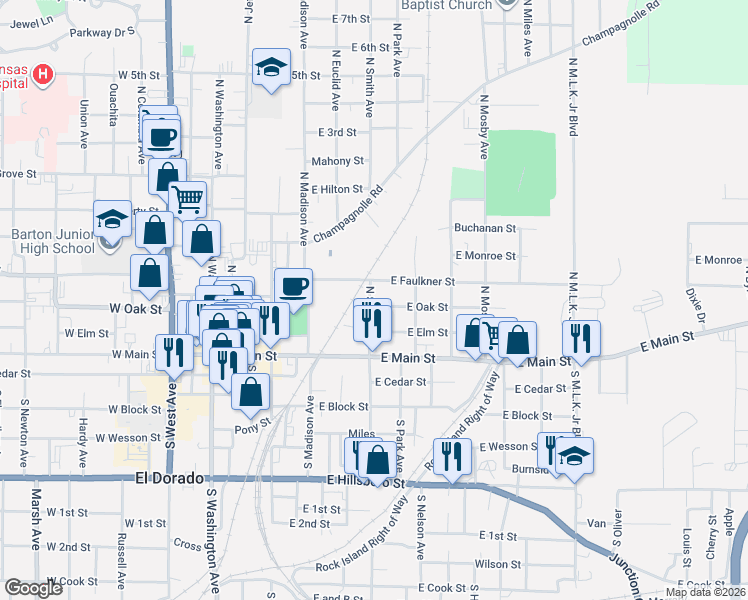 map of restaurants, bars, coffee shops, grocery stores, and more near 709 East Faulkner Street in El Dorado
