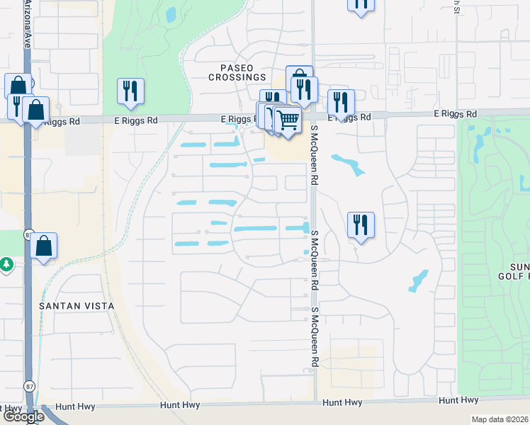 map of restaurants, bars, coffee shops, grocery stores, and more near 884 East La Costa Place in Chandler