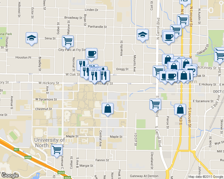 map of restaurants, bars, coffee shops, grocery stores, and more near 1005 West Hickory Street in Denton