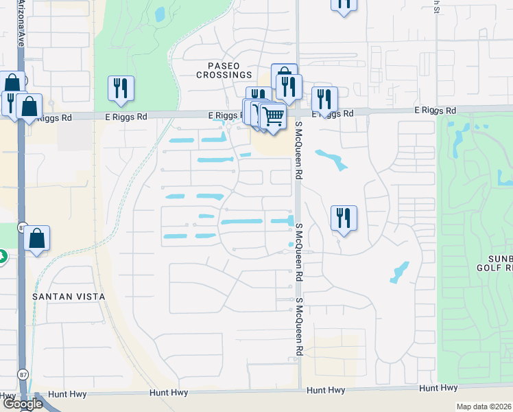 map of restaurants, bars, coffee shops, grocery stores, and more near 888 East Runaway Bay Place in Chandler