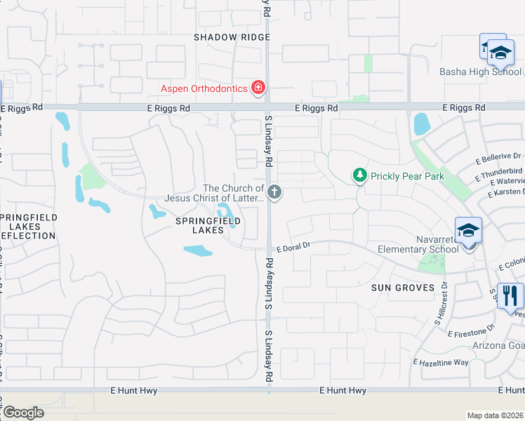 map of restaurants, bars, coffee shops, grocery stores, and more near 6345 South Lindsay Road in Chandler