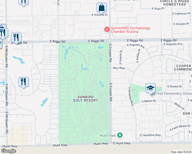 map of restaurants, bars, coffee shops, grocery stores, and more near 6321 South Sawgrass Drive in Chandler