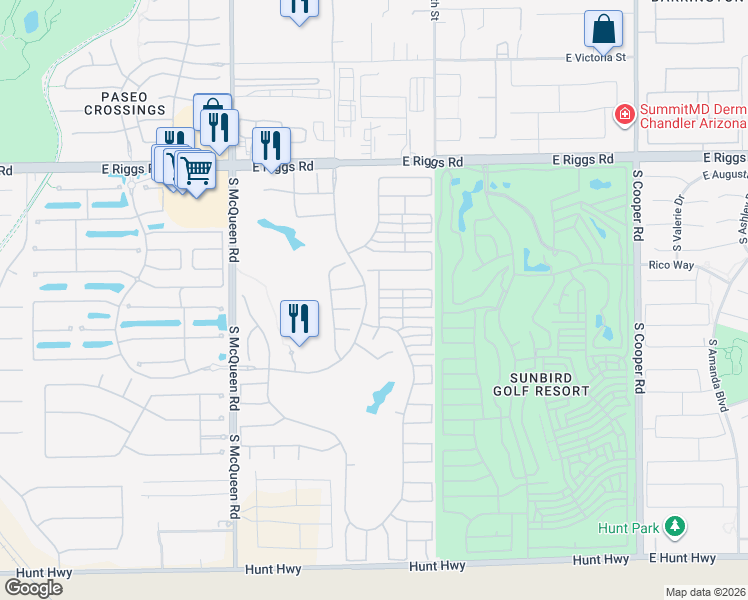 map of restaurants, bars, coffee shops, grocery stores, and more near 1364 East Runaway Bay Drive in Chandler