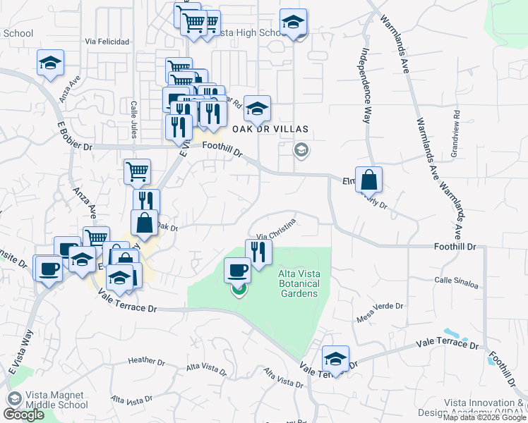 map of restaurants, bars, coffee shops, grocery stores, and more near 1248 Oak Drive in Vista