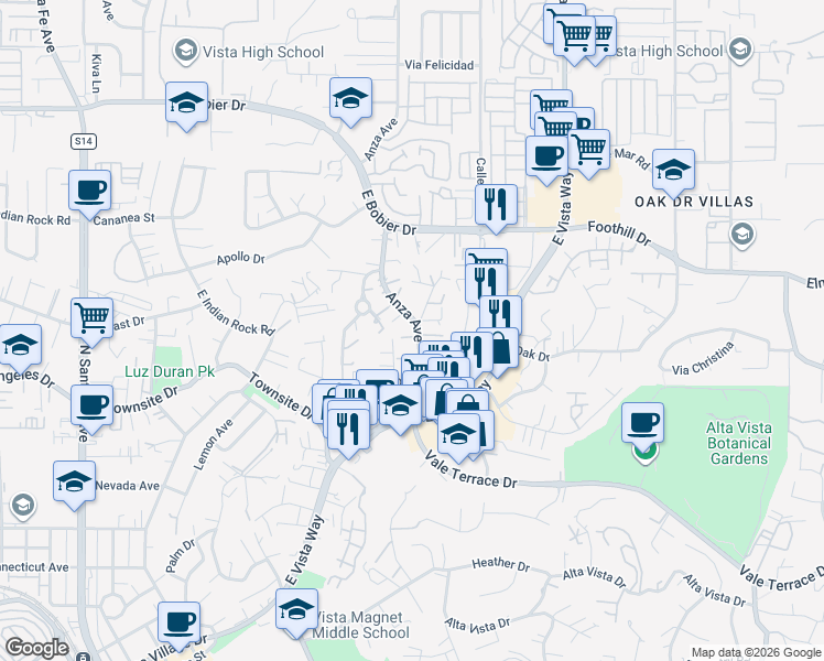 map of restaurants, bars, coffee shops, grocery stores, and more near 1120 Anza Avenue in Vista