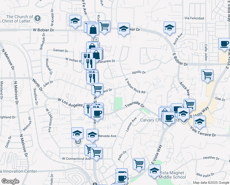 map of restaurants, bars, coffee shops, grocery stores, and more near 1151 Geronimo Place in Vista