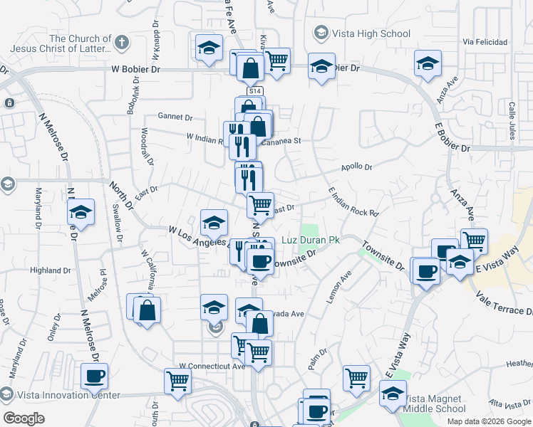 map of restaurants, bars, coffee shops, grocery stores, and more near 1119 North Santa Fe Avenue in Vista