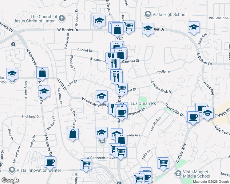 map of restaurants, bars, coffee shops, grocery stores, and more near 139 East Drive in Vista