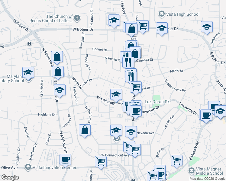 map of restaurants, bars, coffee shops, grocery stores, and more near 226 East Drive in Vista