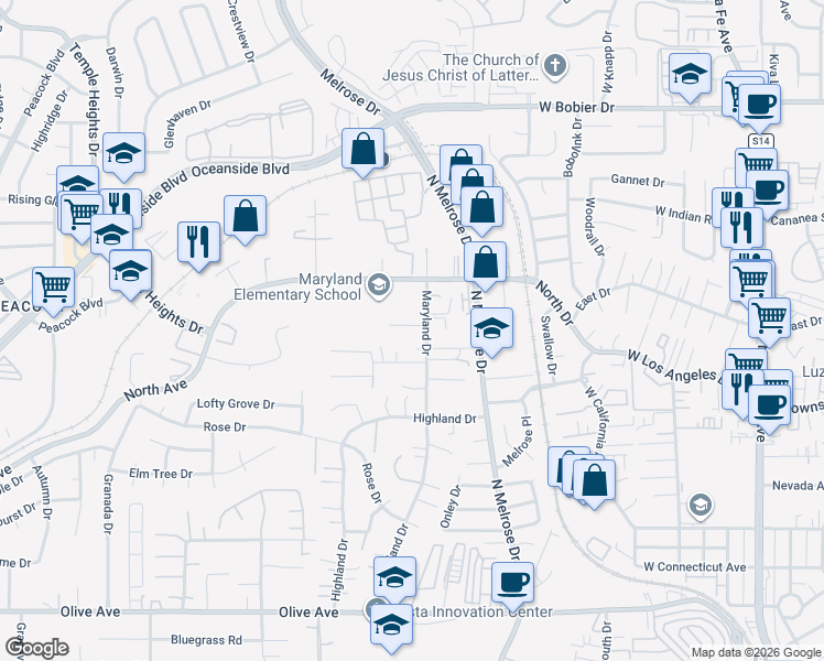map of restaurants, bars, coffee shops, grocery stores, and more near 1243-1245 Maryland Drive in Vista