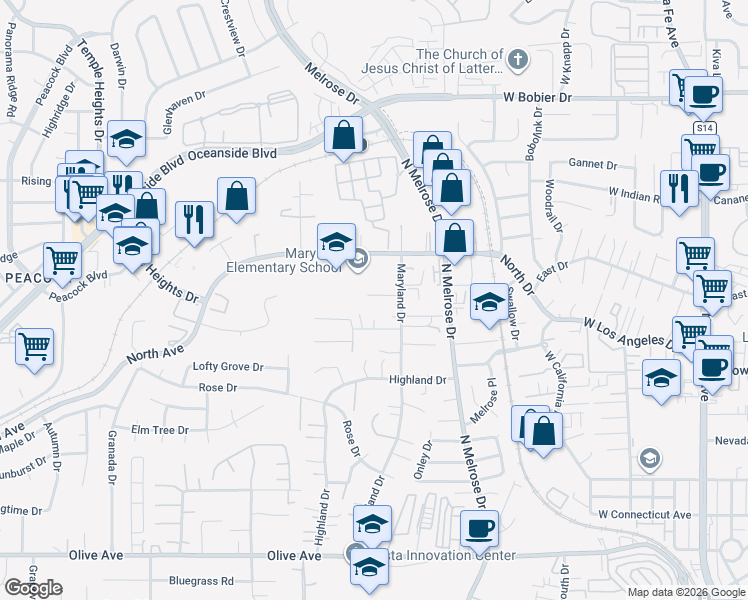 map of restaurants, bars, coffee shops, grocery stores, and more near 729 Karena Court in Vista