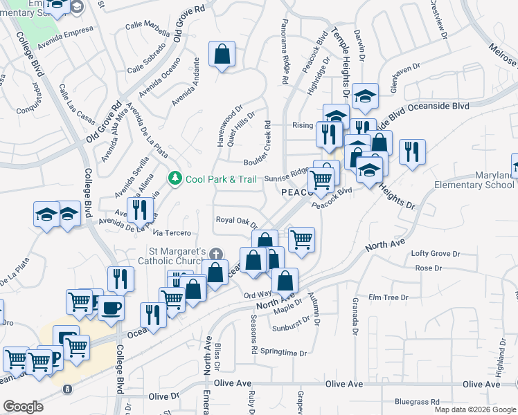 map of restaurants, bars, coffee shops, grocery stores, and more near 1762 Round Tree Drive in Oceanside