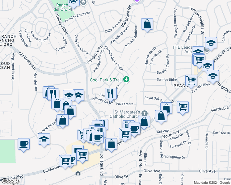 map of restaurants, bars, coffee shops, grocery stores, and more near 1801 Via Allena in Oceanside
