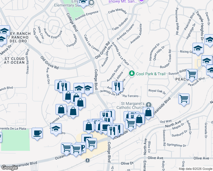 map of restaurants, bars, coffee shops, grocery stores, and more near 1821 Avenida Sevilla in Oceanside