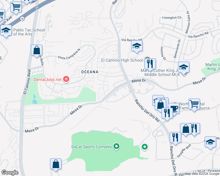 map of restaurants, bars, coffee shops, grocery stores, and more near 3733 Clove Way in Oceanside