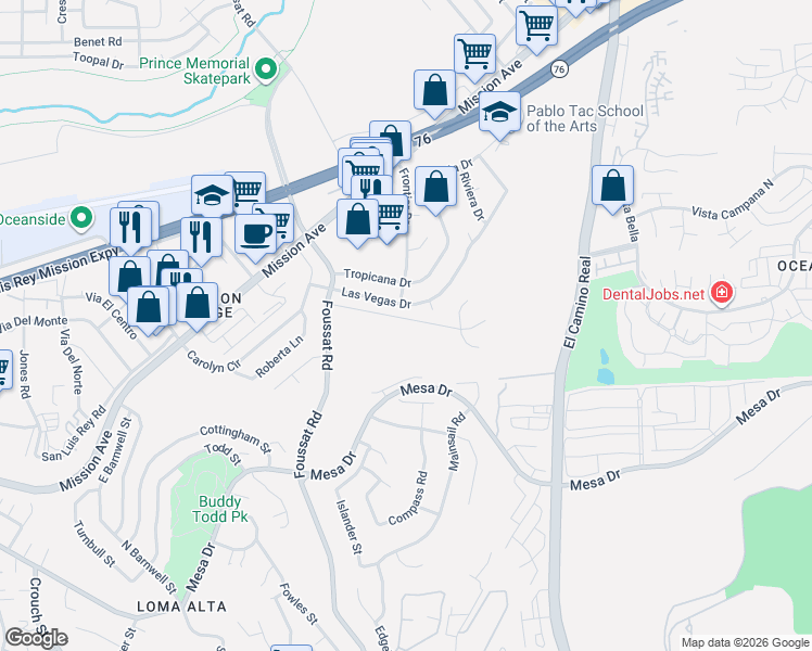 map of restaurants, bars, coffee shops, grocery stores, and more near 3407 Las Vegas Drive in Oceanside