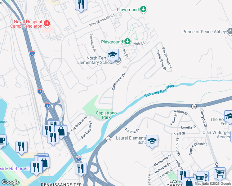 map of restaurants, bars, coffee shops, grocery stores, and more near 829 Capistrano Drive in Oceanside