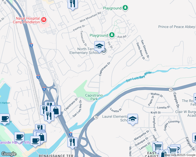 map of restaurants, bars, coffee shops, grocery stores, and more near 829 Capistrano Drive in Oceanside