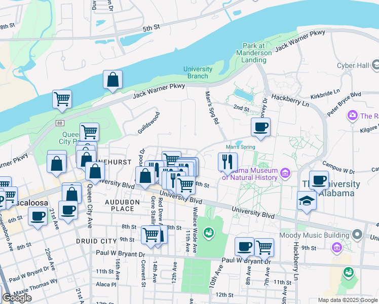 map of restaurants, bars, coffee shops, grocery stores, and more near 1002 Riverside Drive in Tuscaloosa