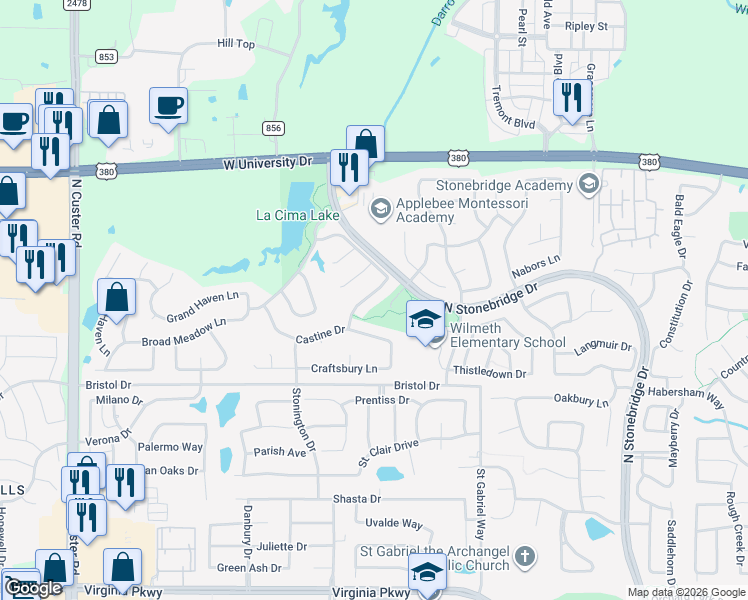 map of restaurants, bars, coffee shops, grocery stores, and more near 1605 Roxboro Lane in McKinney