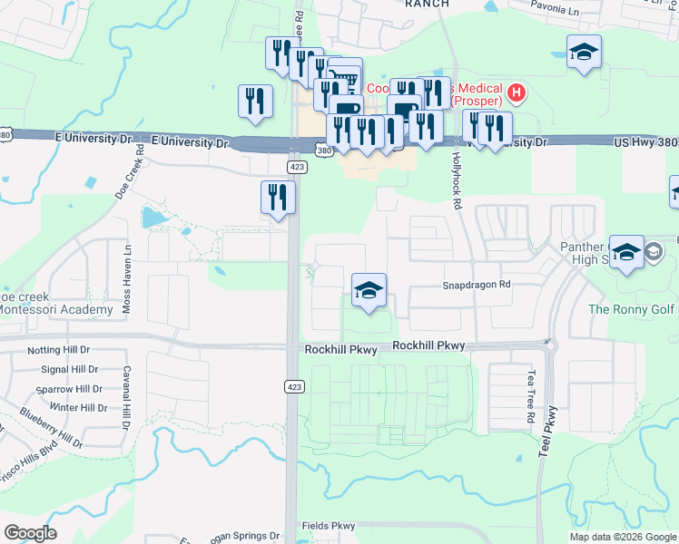 map of restaurants, bars, coffee shops, grocery stores, and more near 1394 Gordon Heights Lane in Frisco