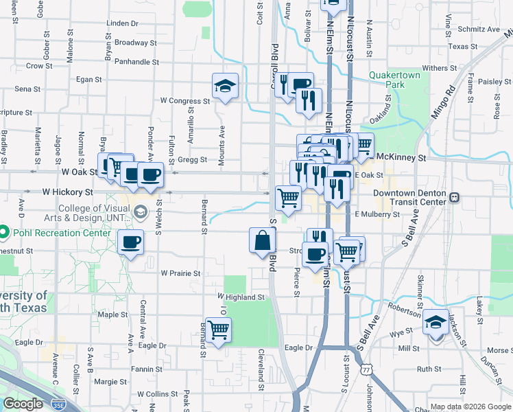 map of restaurants, bars, coffee shops, grocery stores, and more near 607 West Hickory Street in Denton