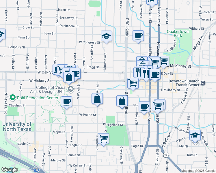 map of restaurants, bars, coffee shops, grocery stores, and more near 721 West Hickory Street in Denton