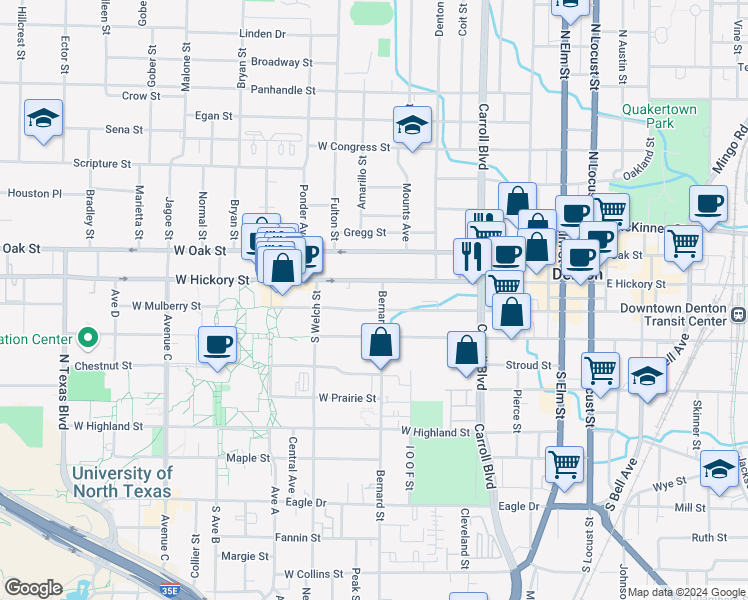 map of restaurants, bars, coffee shops, grocery stores, and more near 907 West Hickory Street in Denton