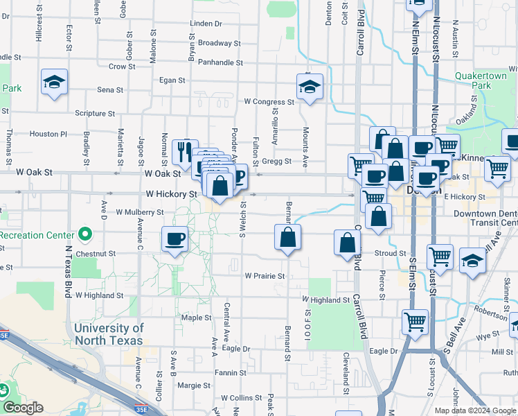 map of restaurants, bars, coffee shops, grocery stores, and more near 1005 West Hickory Street in Denton