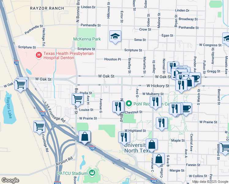 map of restaurants, bars, coffee shops, grocery stores, and more near 2119 West Hickory Street in Denton