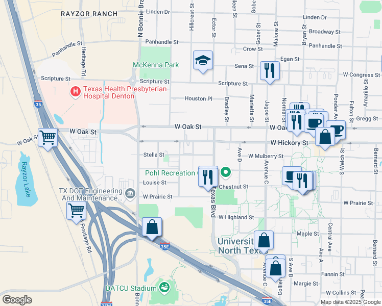 map of restaurants, bars, coffee shops, grocery stores, and more near 2119 West Hickory Street in Denton