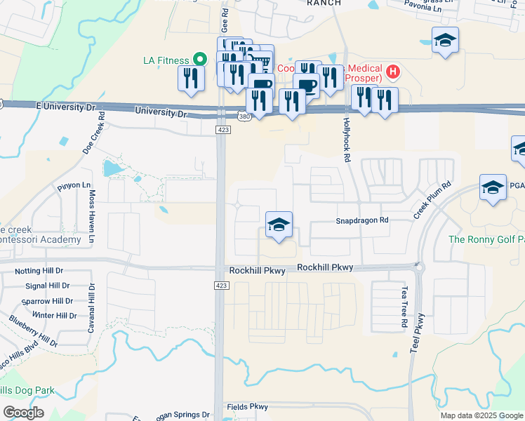 map of restaurants, bars, coffee shops, grocery stores, and more near 18000 Farm to Market Road 423 in Frisco