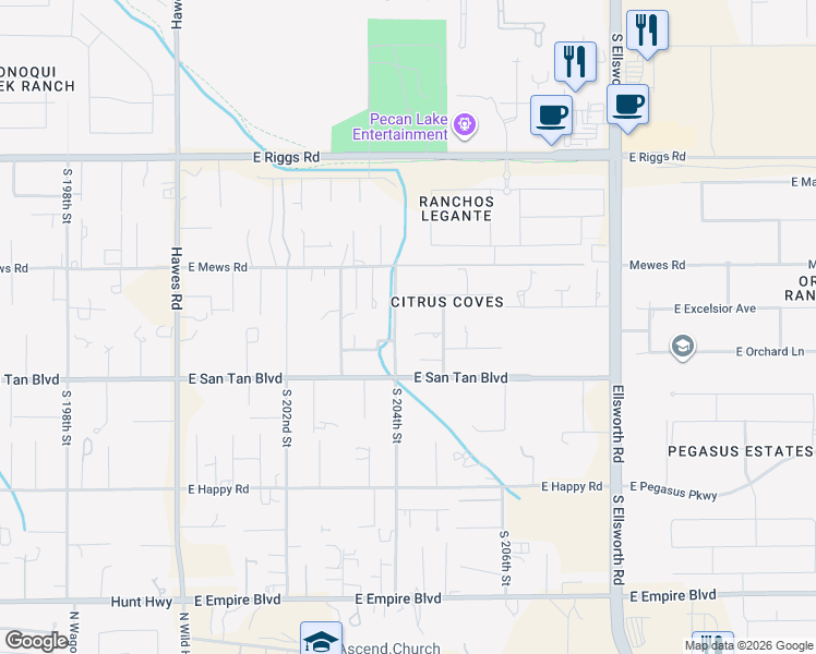 map of restaurants, bars, coffee shops, grocery stores, and more near 20421 East Excelsior Court in Queen Creek