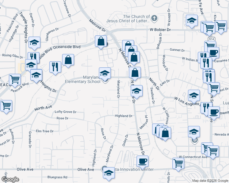 map of restaurants, bars, coffee shops, grocery stores, and more near 703 Karena Court in Vista