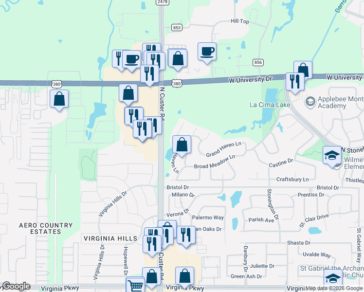 map of restaurants, bars, coffee shops, grocery stores, and more near 8905 Durst Heaven Lane in McKinney