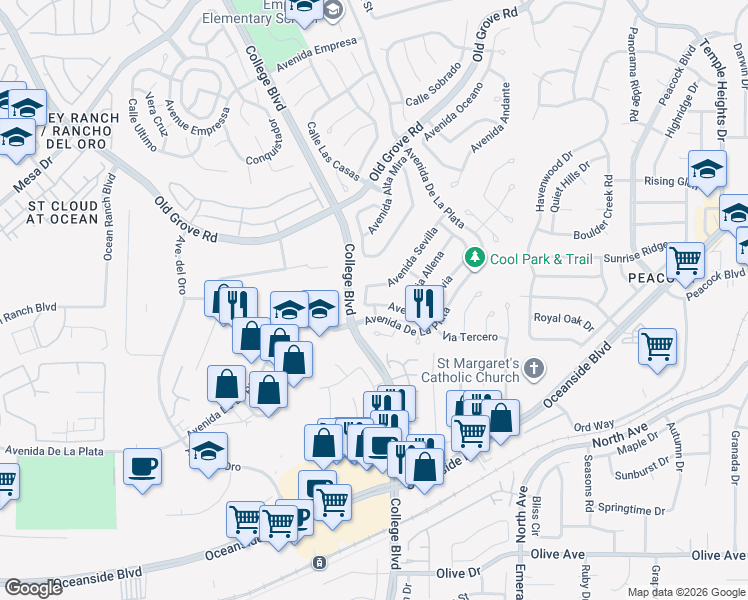 map of restaurants, bars, coffee shops, grocery stores, and more near 1888 Avenida Segovia in Oceanside