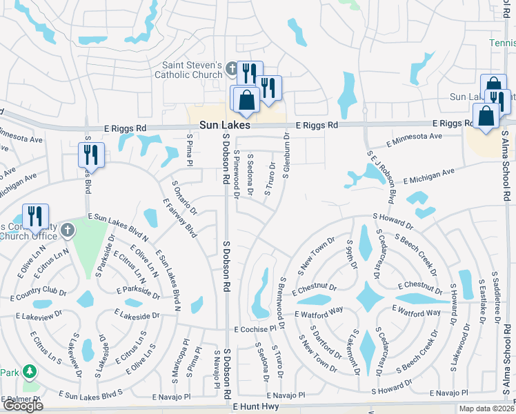 map of restaurants, bars, coffee shops, grocery stores, and more near 25450 South Sedona Drive in Sun Lakes