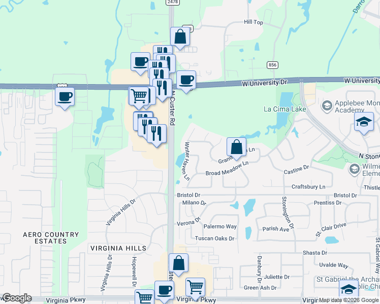 map of restaurants, bars, coffee shops, grocery stores, and more near 1401 Winter Haven Lane in McKinney