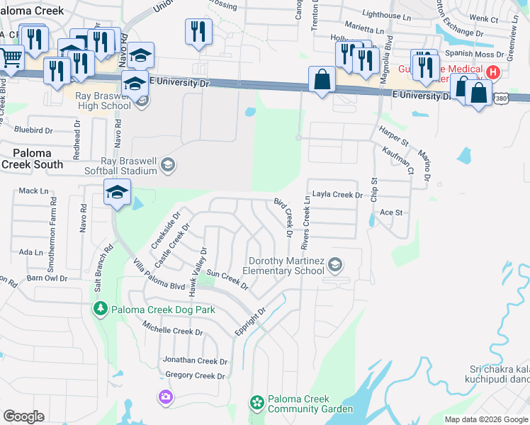 map of restaurants, bars, coffee shops, grocery stores, and more near 504 Bird Creek Drive in Little Elm