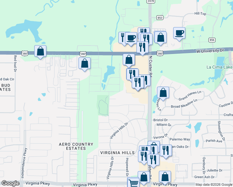 map of restaurants, bars, coffee shops, grocery stores, and more near 9213 Gossamer Street in McKinney
