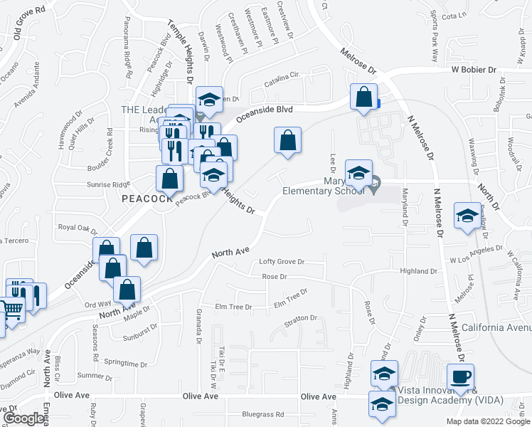 map of restaurants, bars, coffee shops, grocery stores, and more near 4658 North Avenue in Oceanside