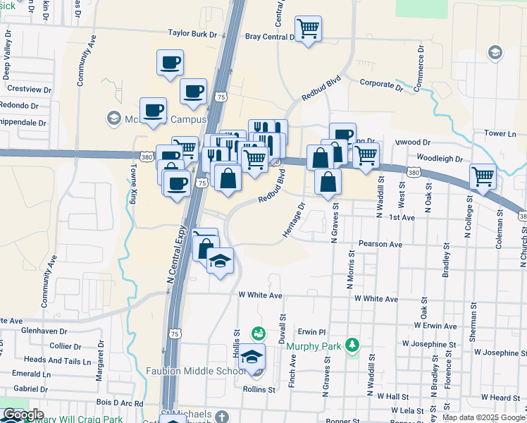 map of restaurants, bars, coffee shops, grocery stores, and more near 1600-1606 North Redbud Boulevard in McKinney