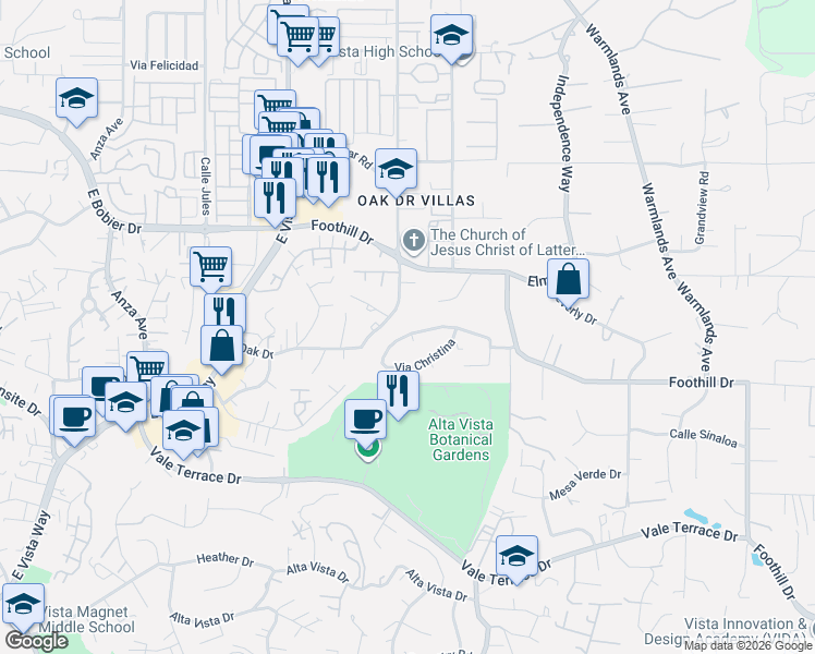 map of restaurants, bars, coffee shops, grocery stores, and more near 1248 Oak Drive in Vista