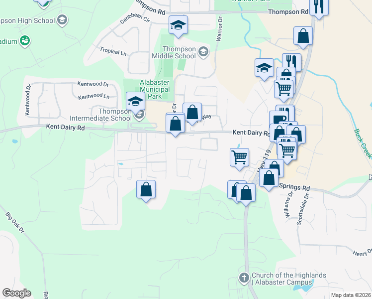 map of restaurants, bars, coffee shops, grocery stores, and more near 170 Jasmine Drive in Alabaster