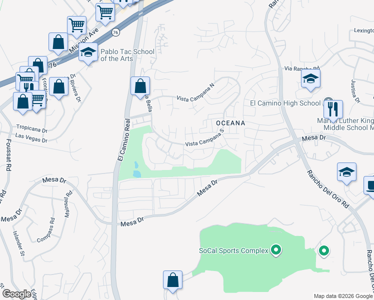 map of restaurants, bars, coffee shops, grocery stores, and more near 3747 Vista Campana North in Oceanside