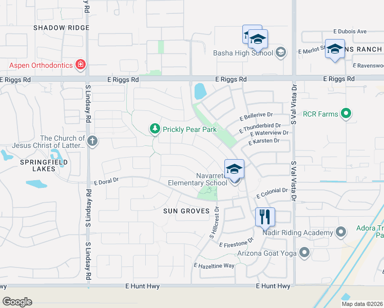 map of restaurants, bars, coffee shops, grocery stores, and more near 4512 East Desert Sands Drive in Chandler